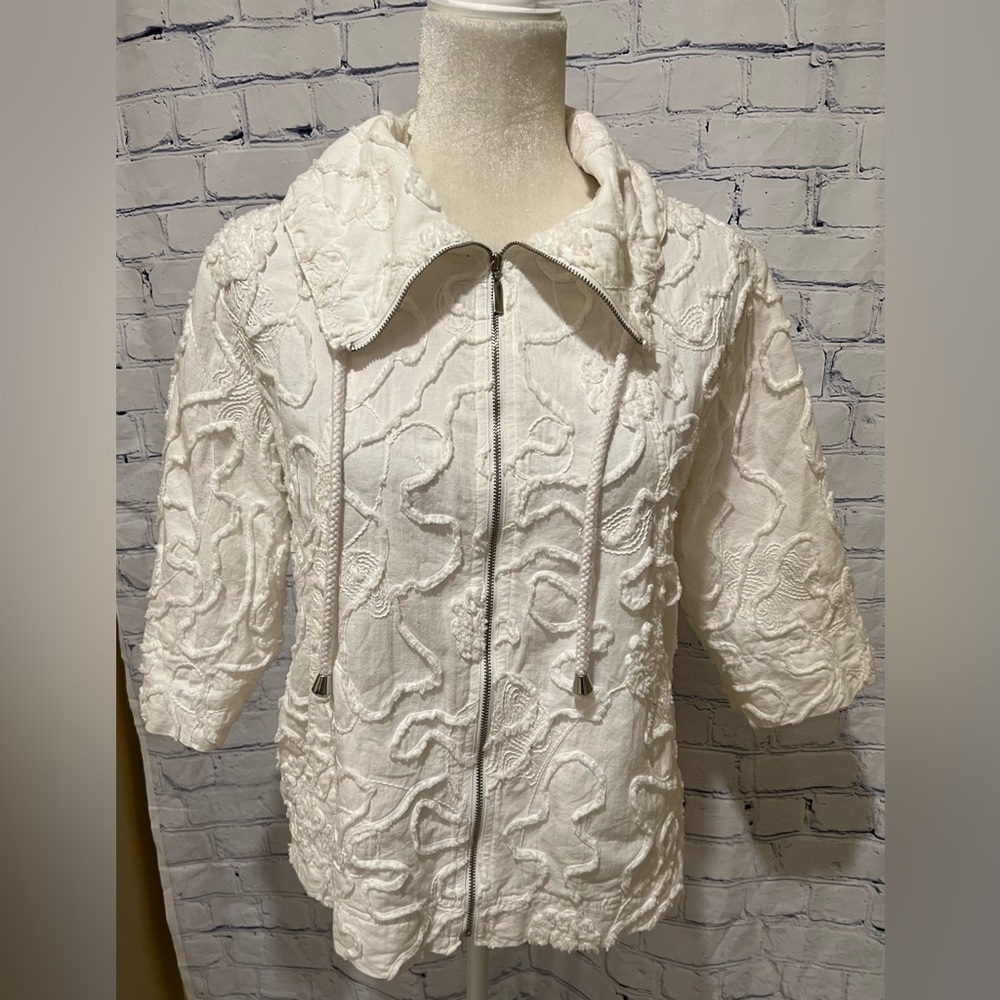Susan Graver Lawn Soutache Trim White Zip Jacket XS